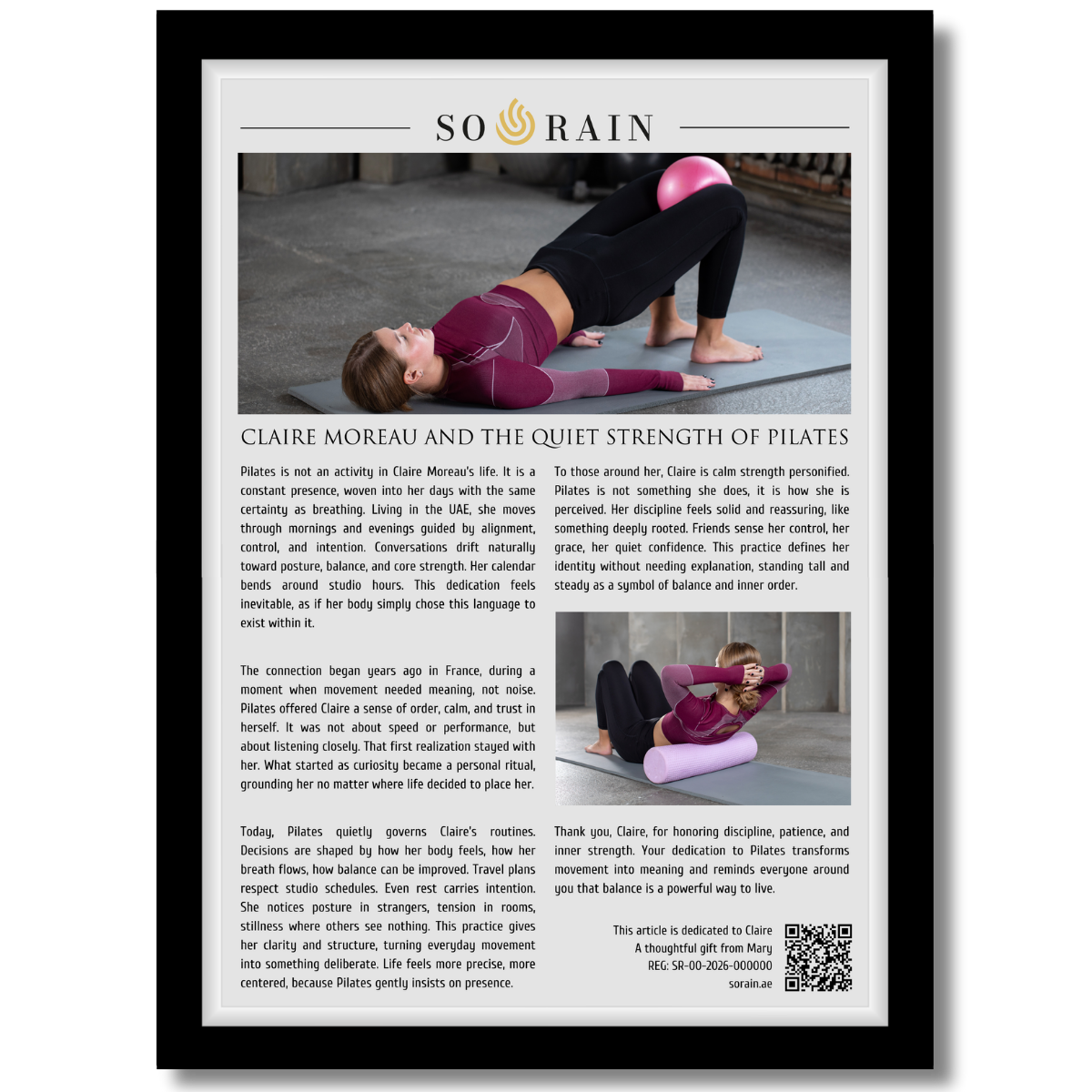 Gift for a Pilates Lover: A personalized framed article