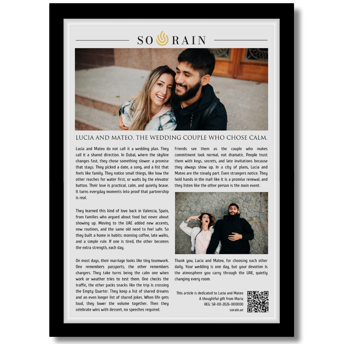 Gift for a Wedding Couple: A framed recognition