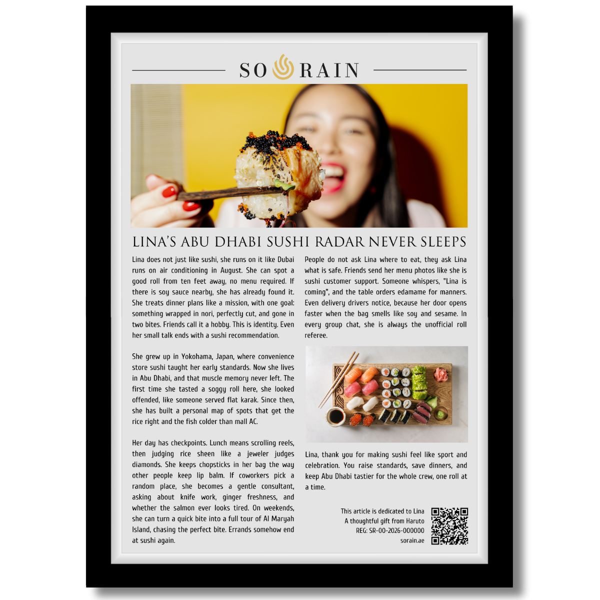 Gift for Sushi Lover: A framed recognition