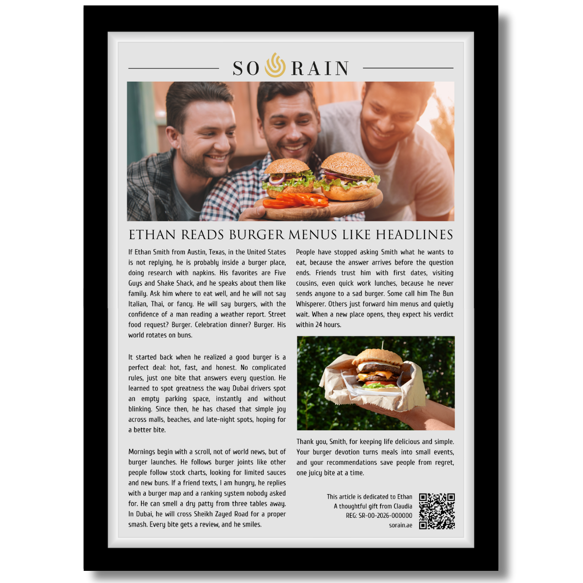 Gift for Burger Lover: A framed recognition