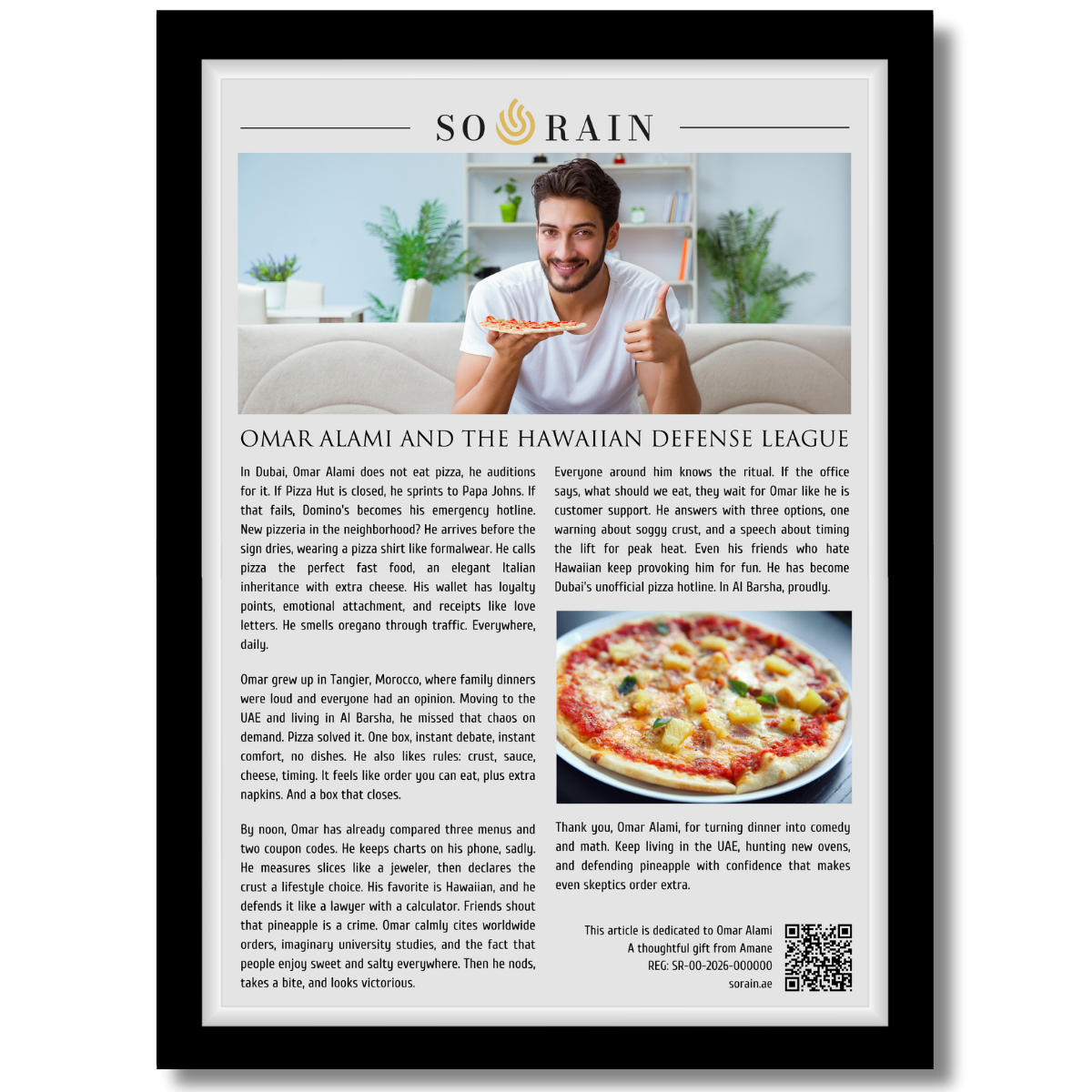 Gift for Pizza Lover: A framed recognition