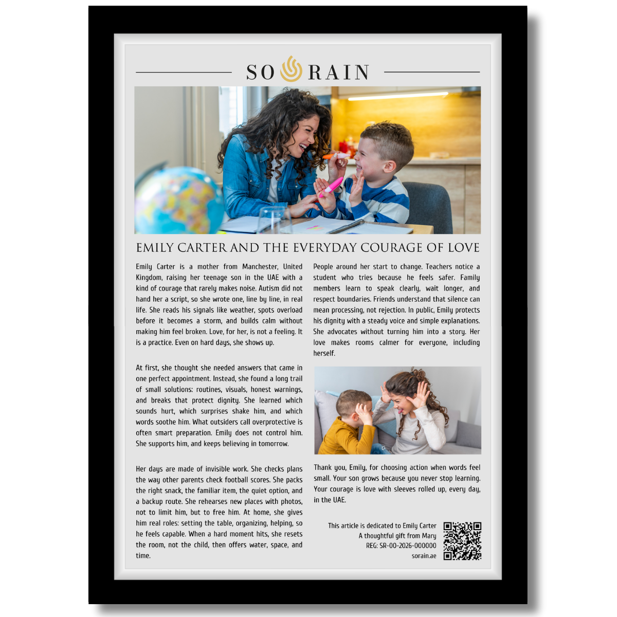 Gift for a Mother with an Autistic son: A framed recognition