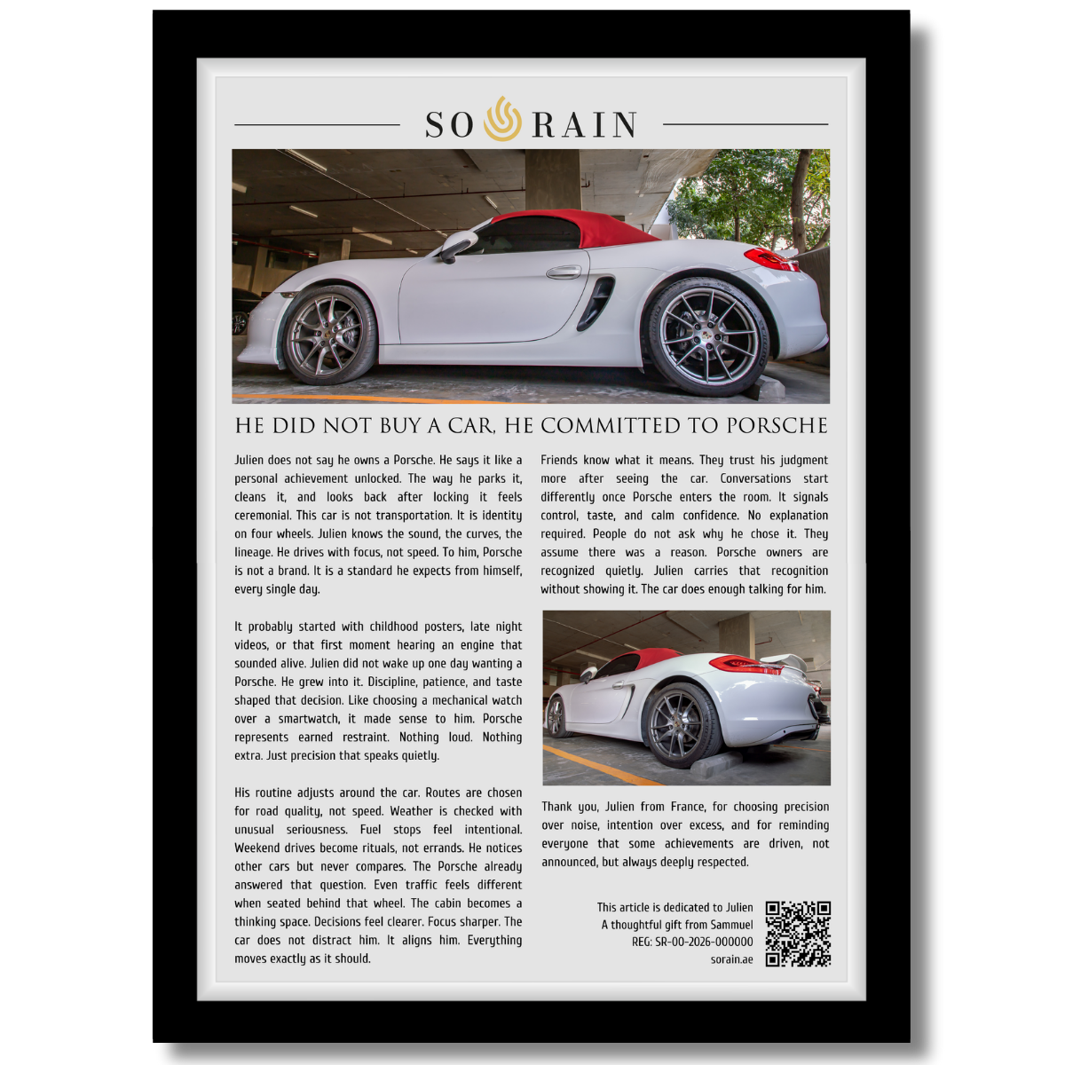 Gift for a Porsche Owner: A framed recognition