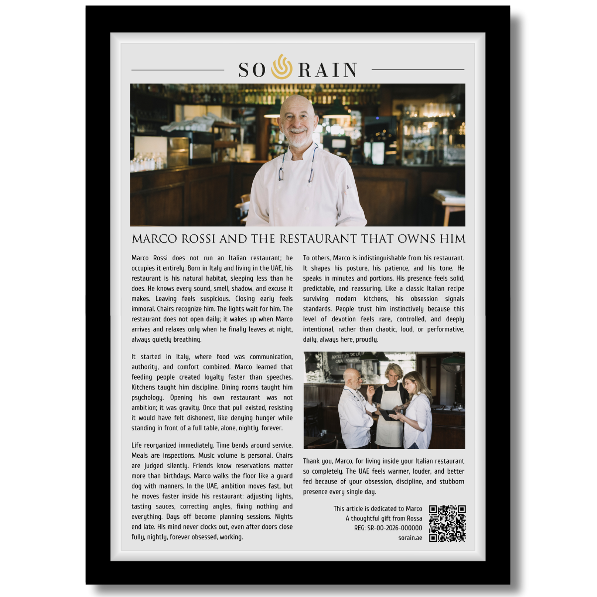 Gift for a Restaurant Owner: A personalized framed article