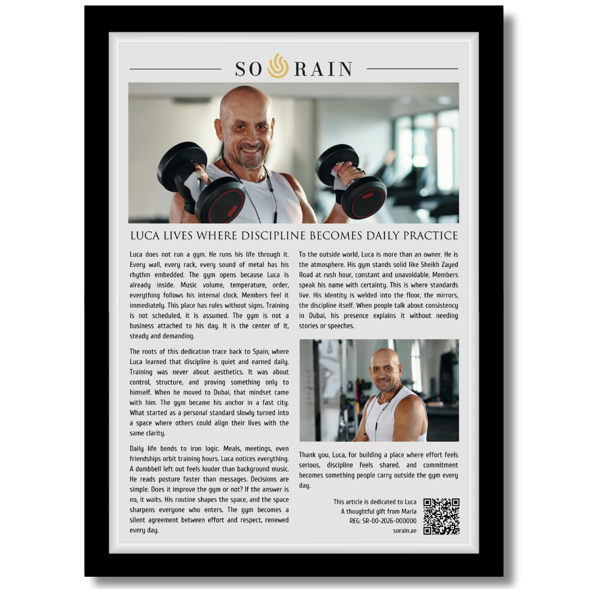 Gift for GYM owner: A personalized framed article
