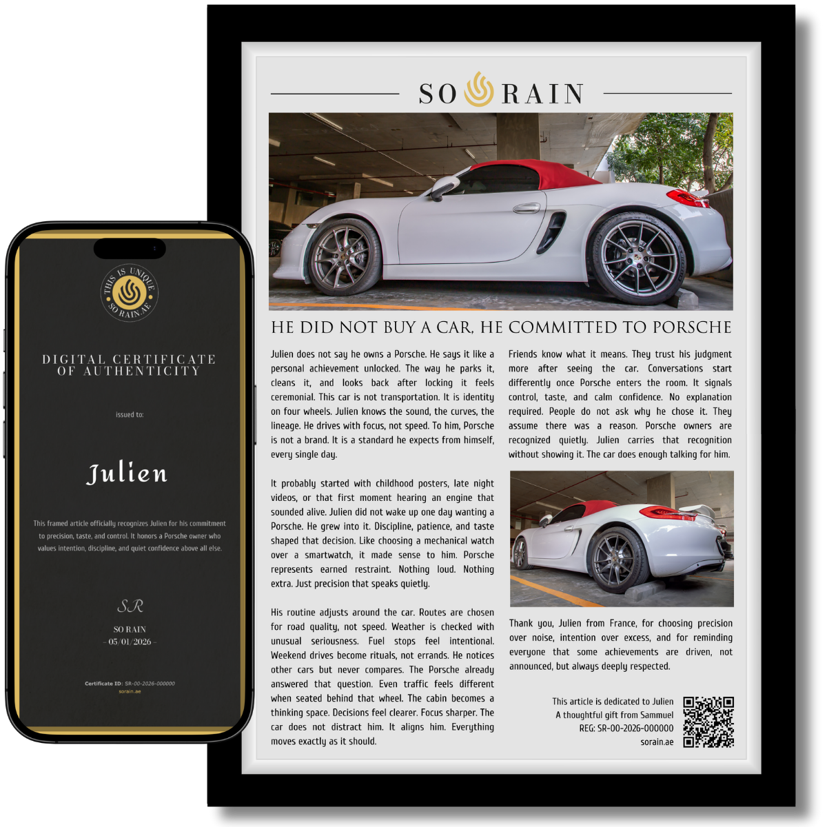 Gift for a Porsche Owner: A framed recognition